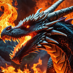 **Prompt:** A powerful dragon exhaling fire in a dynamic, action-packed scene. The dragon is adorned with flaming scales and has a determined expression. Emphasize the vibrant colors of the flames and the overall sense of power.  Fiery background.