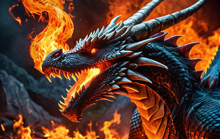 **Prompt:** A powerful dragon exhaling fire in a dynamic, action-packed scene. The dragon is adorned with flaming scales and has a determined expression. Emphasize the vibrant colors of the flames and the overall sense of power.  Fiery background.